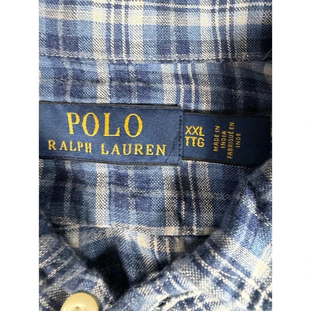 Polo Ralph Lauren Blue Plaid Linen Button Shirt Mens 2XL L/S Pony Preppy Resort*